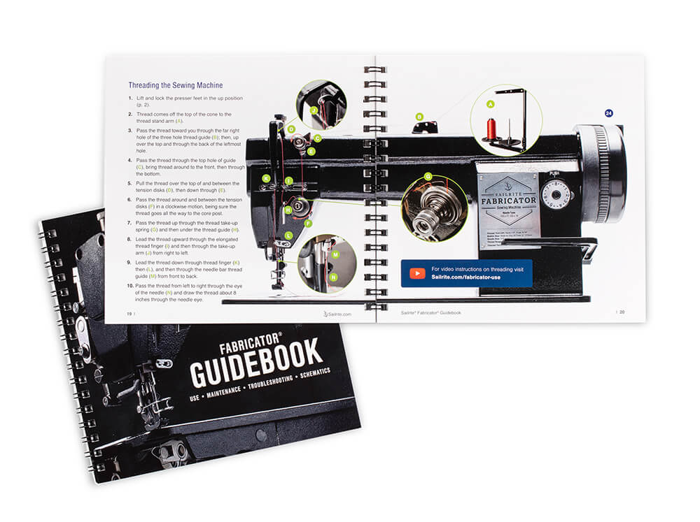 a page of the guidebook showing how to thread the machine